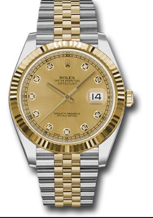 Replica Rolex Steel and Yellow Gold Rolesor Datejust 41 Watch 126333 Fluted Bezel Champagne Diamond Dial Jubilee Bracelet